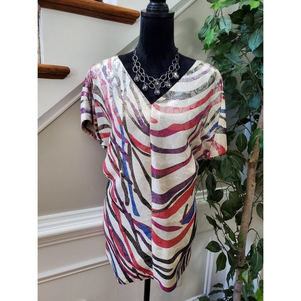 Diane Von Furstenberg Women Multicolor Silk V-Neck Short Sleeve Top‎ Blouse 2